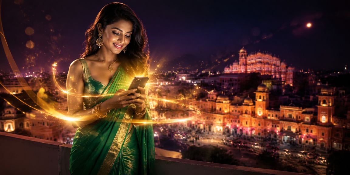 Indian woman enjoying an online gaming bonus on mobile in Jaipur