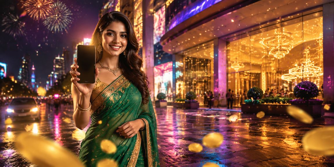 Elegant woman enjoying online casino games on mobile in Mumbai